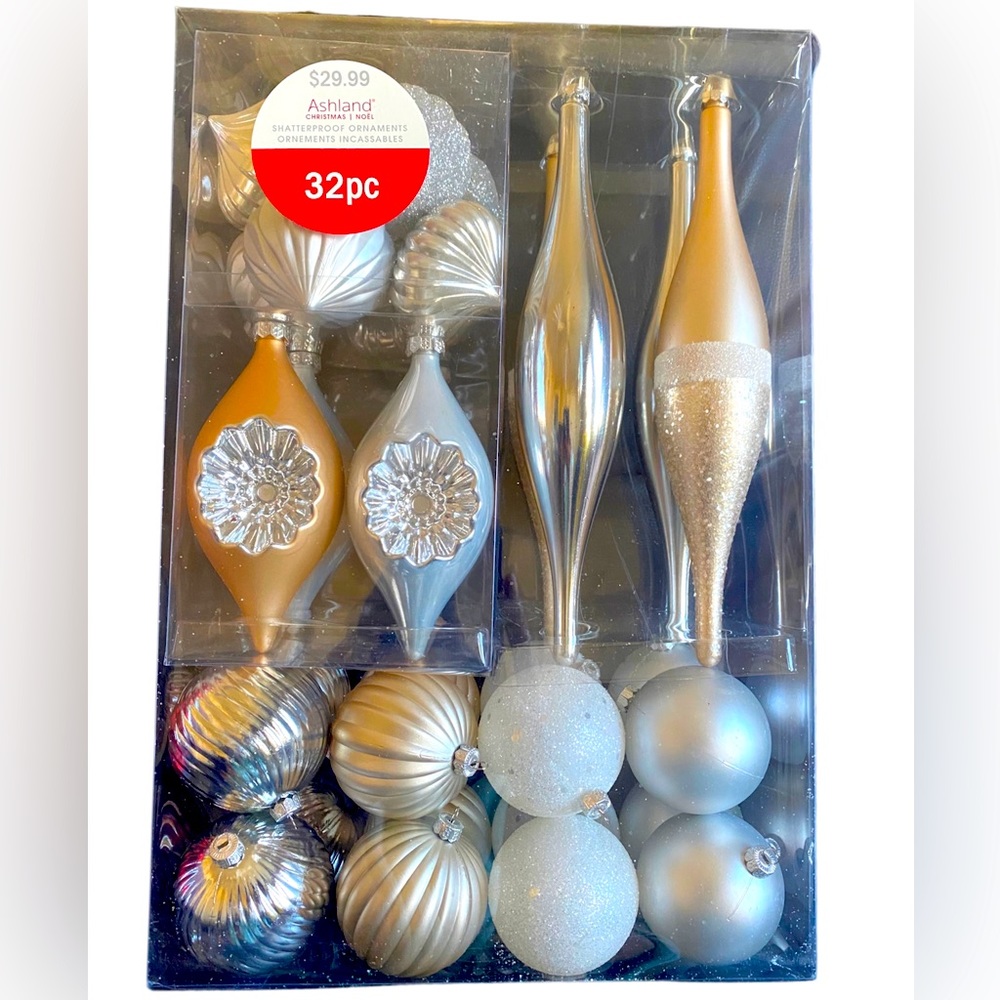 32ct. Silver & White Shatterproof Ornaments